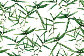 Watercolor painting bamboo green leaves seamless pattern on white background.Watercolor hand drawn illustration tropical exotic leaf prints for wallpaper,textile Hawaii aloha summer style.