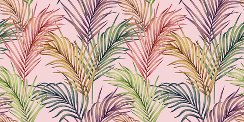 Watercolor painting colorful tropical green,pink leaves seamless pattern background.Watercolor hand drawn illustration tropical exotic leaf prints for wallpaper,textile Hawaii aloha summer style. © nongnuch_l