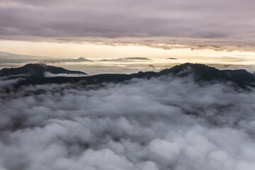 Kamchatka, view from a helicopter at dawn in the mountains