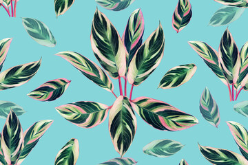 Watercolor painting colorful tropical pink leaves seamless pattern background.Watercolor hand drawn illustration tropical exotic leaf prints for wallpaper,textile Hawaii aloha summer style.