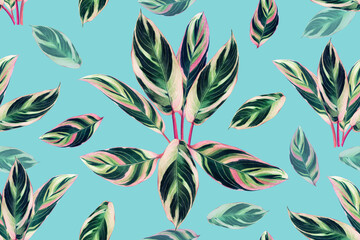 Watercolor painting colorful tropical pink leaves seamless pattern background.Watercolor hand drawn illustration tropical exotic leaf prints for wallpaper,textile Hawaii aloha summer style. © nongnuch_l
