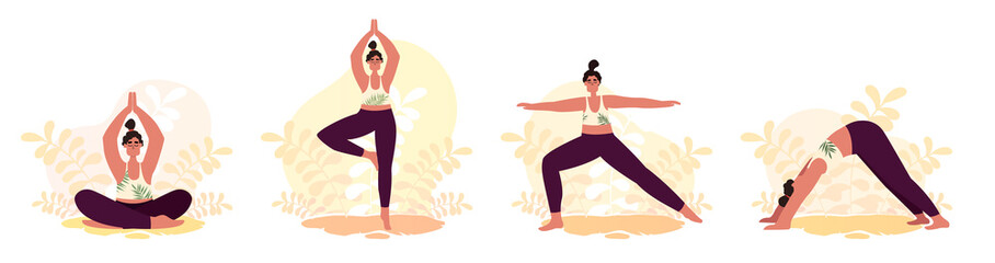 Obraz na płótnie Canvas Set Woman Yoga Asana Vector. Girls Go in for sports and fitness in nature. Stretching Poses. Vector stock illustration.