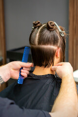Fototapeta premium Male hairdresser cutting hair of young woman holding comb at hair salon. Rear view