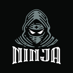 Ninja assassin mascot logo on dark background, ninja head in doodle vintage style. vector illustration
