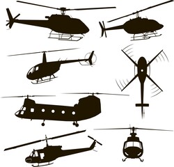 helicopters, silhouette, set four models, vector illustration, icon, symbol, monogram, isolated, black
