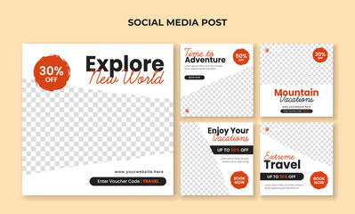 Explore new world social media post template. Travel banner collection
