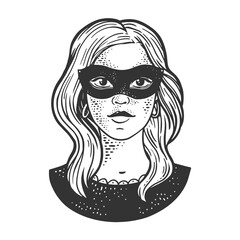 Young woman girl in black masquerade mask sketch engraving vector illustration. T-shirt apparel print design. Scratch board imitation. Black and white hand drawn image.