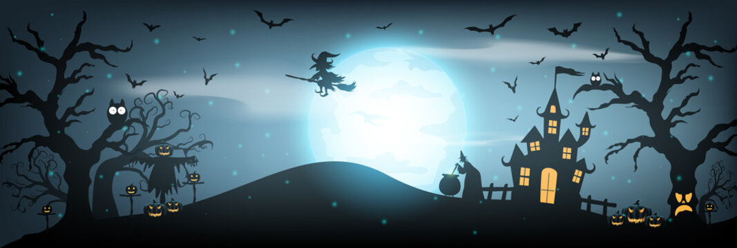 Happy Halloween background with pumpkin ghost, Haunted house with full moon and The witch was casting magic spells and made poison. Template for Halloween party. Vector illustration