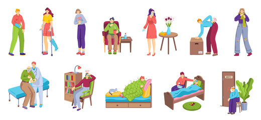 Naklejka premium People with pain, unhappy sick men and women suffering ache or illness, desease or injury set of isolated vector illustrations. Pain in body chest, neck, leg, back or heart, arm. Set of ill people.