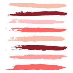 Makeup strokes, Set of lipstick swatches, Beauty and cosmetic nude, pink and red brush smudges vector background. smear make up lines collection, liquid make up texture isolated on white.