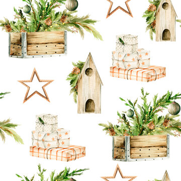Watercolor Christmas Seamless Pattern. Hand painted new year wooden box, christmas ball, fir tree branches, gift, star. Merry christmas. Vintage illustration for design, digital paper