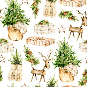 Watercolor Christmas Seamless Pattern. Hand painted new year fir tree, branches, gift, star, wooden dear. Merry christmas. Vintage illustration for design, digital paper