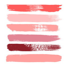 Makeup strokes, Set of lipstick swatches, Beauty and cosmetic nude, pink and red brush smudges vector background. smear make up lines collection, liquid make up texture isolated on white.