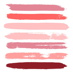 Makeup strokes, Set of lipstick swatches, Beauty and cosmetic nude, pink and red brush smudges vector background. smear make up lines collection, liquid make up texture isolated on white.