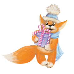 Cute fox in a hat and scarf with a box of gifts