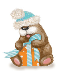 cute bear in a hat opens a box with a gift