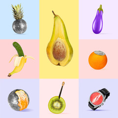 Surprising. Concept of alternative look of usual things. Bright artworks on multicolored backgrounds. Negative space to insert your text. Modern design. Contemporary colorful and bright art collage.