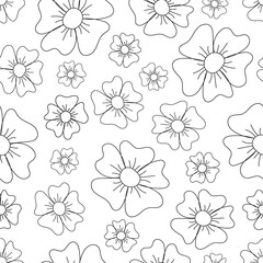 Floral abstract seamless pattern. Black simple hand drawn vector flowers on white background. Simple vector geometric illustration. Design for web and print on textile, fabric, paper