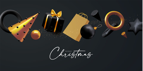 Happy New 2021 Year and Merry Christmas banner. 3D Xmas design with fir tree and gifts. Elegant black and gold render. Realistic party poster