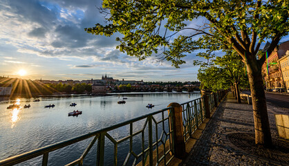 A beautiful summer dawn full of colors in the historic center of Prague.