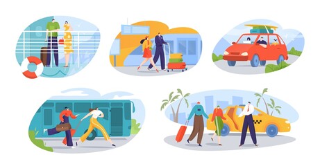 Fototapeta premium Travelers and tourists transport set of isolated vector illustrations. Trip to world different vehicles. Suv car, plane in airport, touristic boat, yacht and taxi. Tourism and travel transportation.