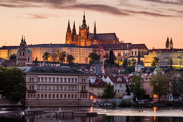 A beautiful summer dawn full of colors in the historic center of Prague.