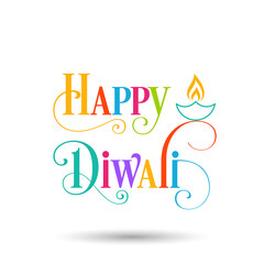 Happy Diwali greeting card with intricate calligraphy and illuminated Diwali lamp.