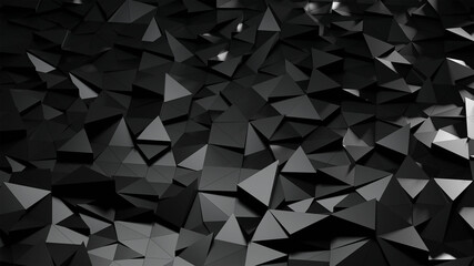 Abstract background with triangulated surfaces. Illustration with black polygonal shapes. Minimalistic design with low poly elements. 3d render.