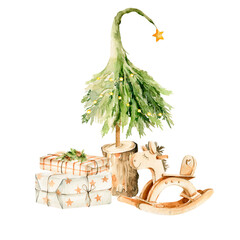 Watercolor Christmas Clipart. Hand painted new year gifts, presents, christmas tree, wooden children cart. Merry christmas. Vintage illustration for design, print or background
