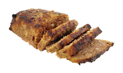 Baked beef and pork meatloaf isolated on a white background