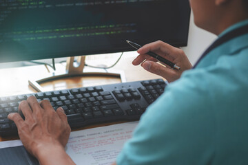 Programmer team coding data software at IT company.