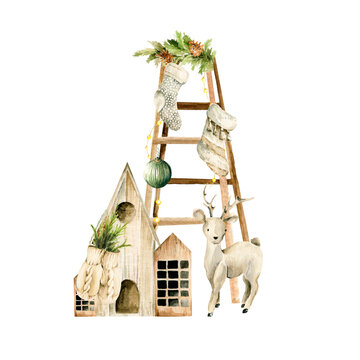 recommend clip art: Watercolor Christmas Clipart. Hand painted new year dear, christmas tree branches, gifts, presents, wooden houses. Merry christmas. Vintage illustration for design, print or background