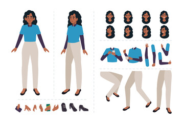Woman cartoon character for motion design with facial expressions, hand gestures, body and leg movement