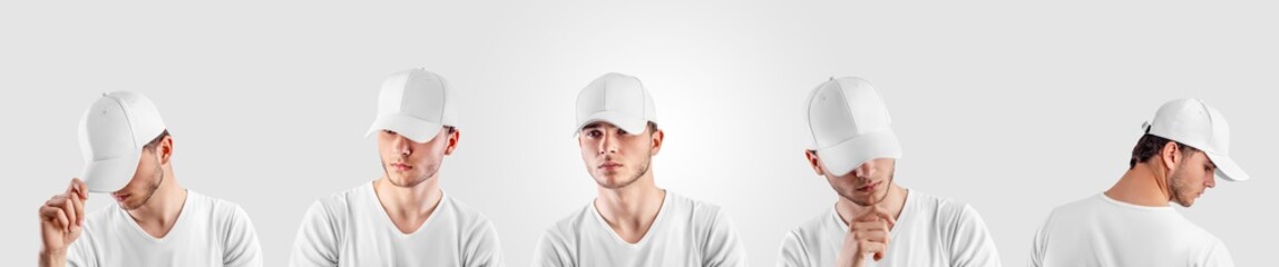 Mockup white blank cap on guy, hat for sun protection isolated on background.