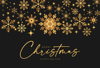 Fototapeta na wymiar Merry Christmas Elegant holiday design with lettering and gold shining snowflakes