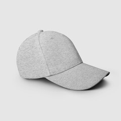 Heather gray cap template, textile headwear for sun protection, side view, for design and pattern presentation, for online store advertising.