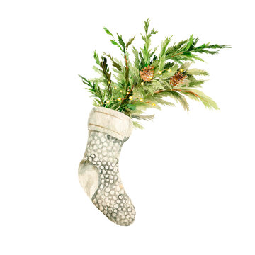 recommend clip art: Watercolor Winter Christmas Clipart. Hand painted new year sock, christmas tree branches, garland. Merry christmas. Vintage illustration for design, print or background