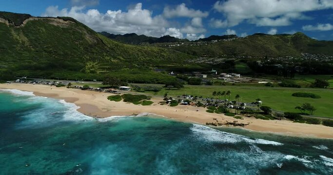 4K right to left racking aerial drone shot of Sandy Beach park on the eastern side of Oahu,Hawaii,USA