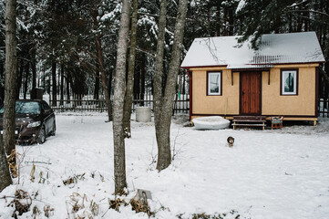 Wooden house near the lake in the forest for winter fishing.