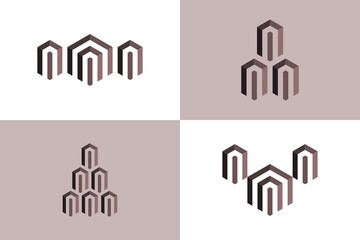 Hexagon vector logo elements bundle with illustration of houses and skyscrapers forming a shields. usable for real estate and consultant logo elements