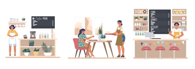 Cafe or bar scene set with staff and visitors, flat vector isolated illustration. Coffee shop, coffeehouse counter with menu. Modern restaurant interior with people.