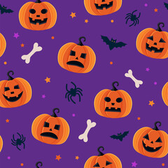 Halloween pattern with different pumpkins, spooky jack o lantern, spiders and bats