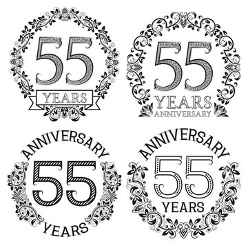 Fifty fifth anniversary emblems set. Patterned celebration signs in vintage style.
