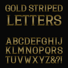 Golden striped letters with flourishes. Diagonal stripes vintage font. Stylish latin alphabet.