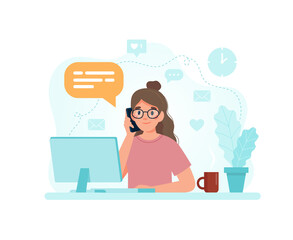 Woman sitting at a desk with computer responding to a call. illustration in flat style
