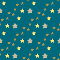 Seamless pattern with yellow and beige stars on warm blue background. Vector image.