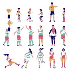 Fototapeta na wymiar Soccer player set, flat vector isolated illustration. Kids with coach, adults male and female cartoon characters playing football, kicking the ball, holding gold cup. School soccer game, championship.