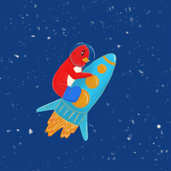 Cute raster childish illustration. The red penguin flies on a blue rocket in space. Stars, galaxy. Can be used for postcards, posters, decoration, notebooks, notebooks, T-shirts, clothes.