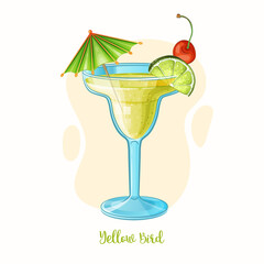 Vector Yellow Bird Cocktail Glass with lime and cherry. Alcohol drink