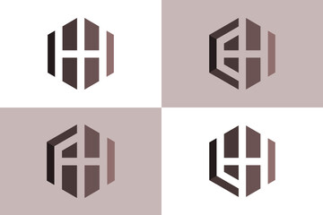 Hexagon vector logo elements bundle with illustration of houses and skyscrapers forming a shields. usable for real estate and consultant logo elements